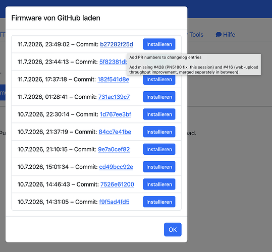 Firmwares zum Download mit Commit-Message